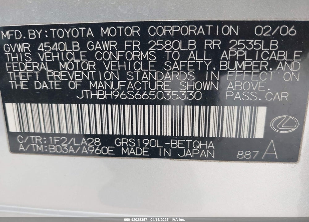 2006 LEXUS GS 300 VIN: JTHBH96S665035330