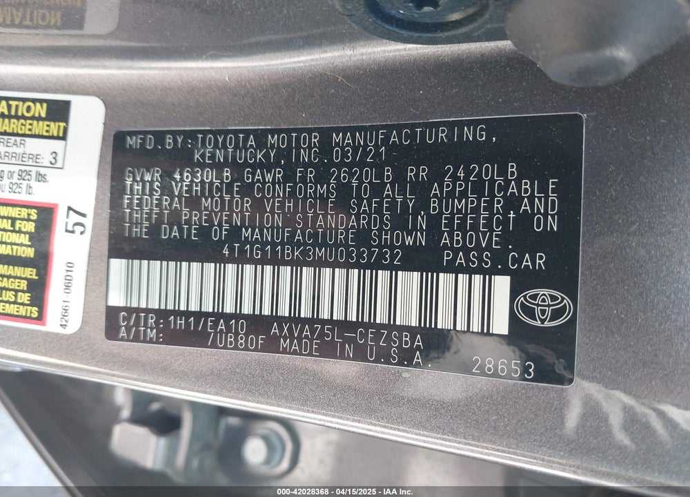 2021 TOYOTA CAMRY SE AWD VIN: 4T1G11BK3MU033732