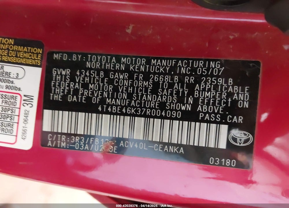 2007 TOYOTA CAMRY VIN: 4T4BE46K37R004090