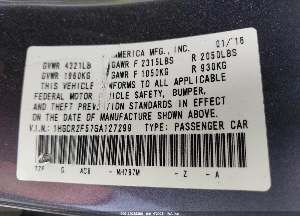 2016 HONDA ACCORD VIN: 1HGCR2F57GA127299