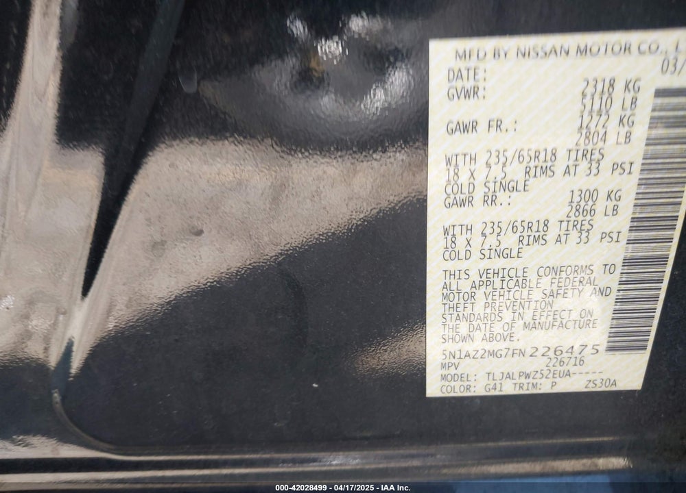 2015 NISSAN MURANO VIN: 5N1AZ2MG7FN226475