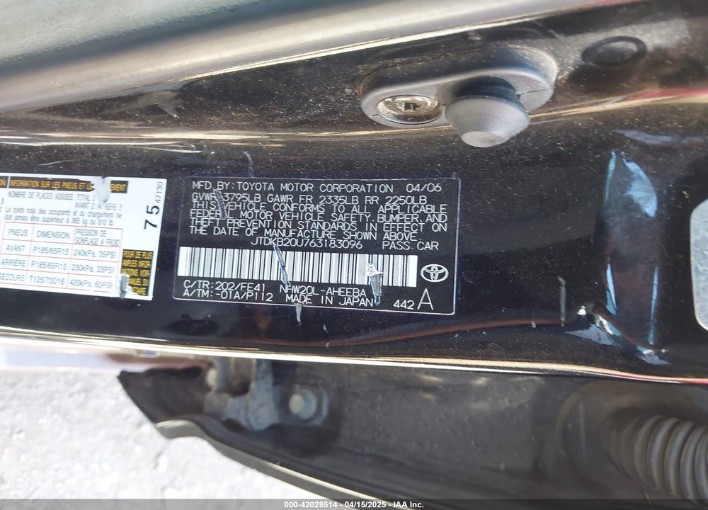 2006 TOYOTA PRIUS VIN: JTDKB20U763183096