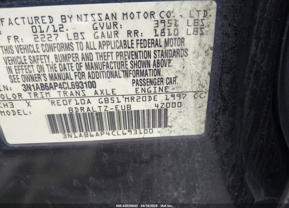 2012 NISSAN SENTRA VIN: 3N1AB6AP4CL693100