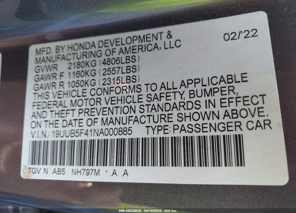 2022 ACURA TLX VIN: 19UUB5F41NA000885