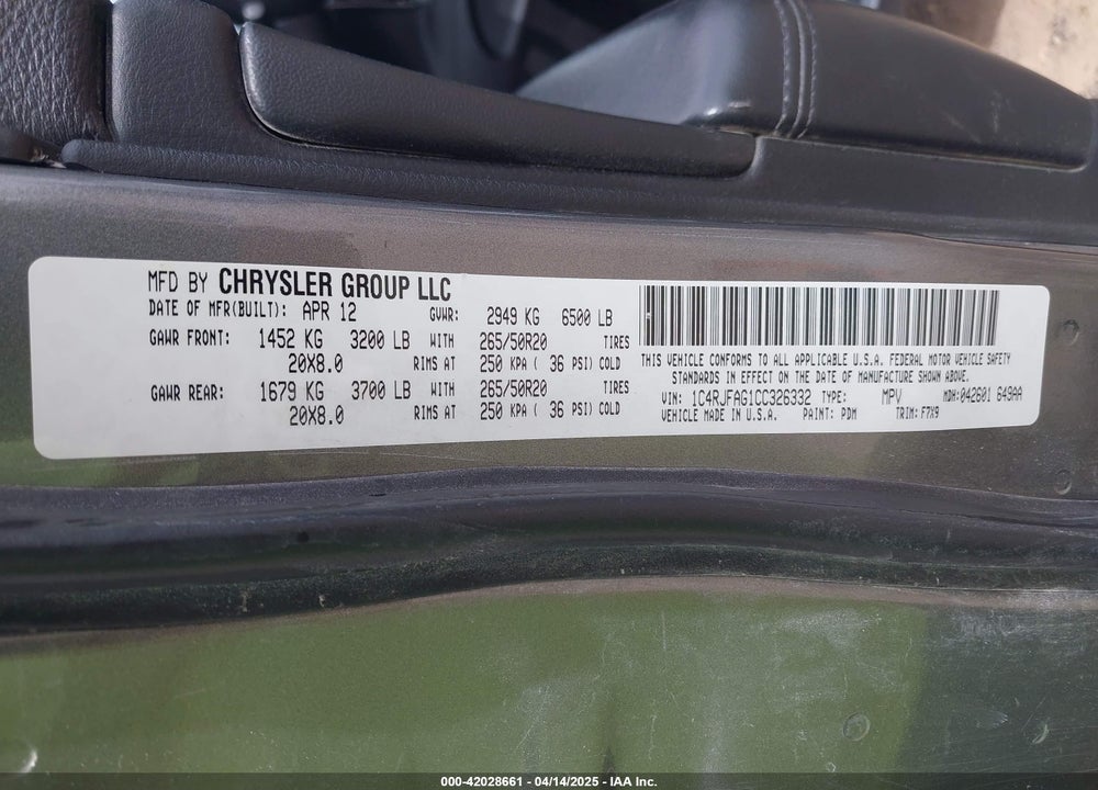 2012 JEEP GRAND CHEROKEE VIN: 1C4RJFAG1CC326332