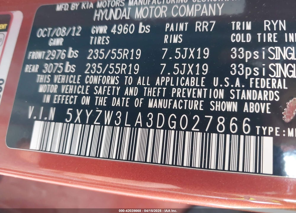 2013 HYUNDAI SANTA FE VIN: 5XYZW3LA3DG027866