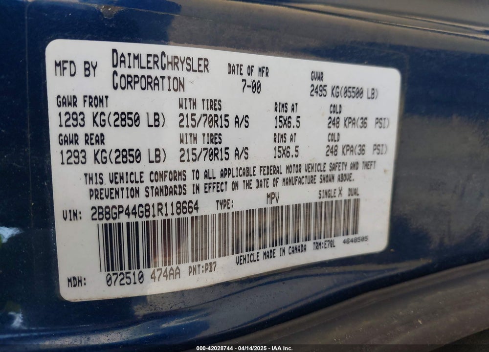 2001 DODGE GRAND CARAVAN SPORT VIN: 2B8GP44G81R118664