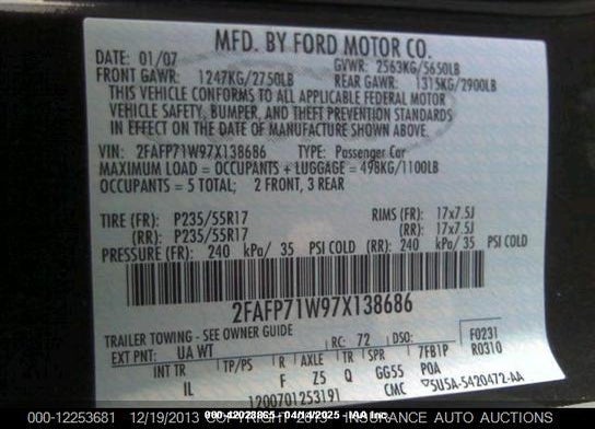 2007 FORD CROWN VICTORIA VIN: 2FAFP71W97X138686