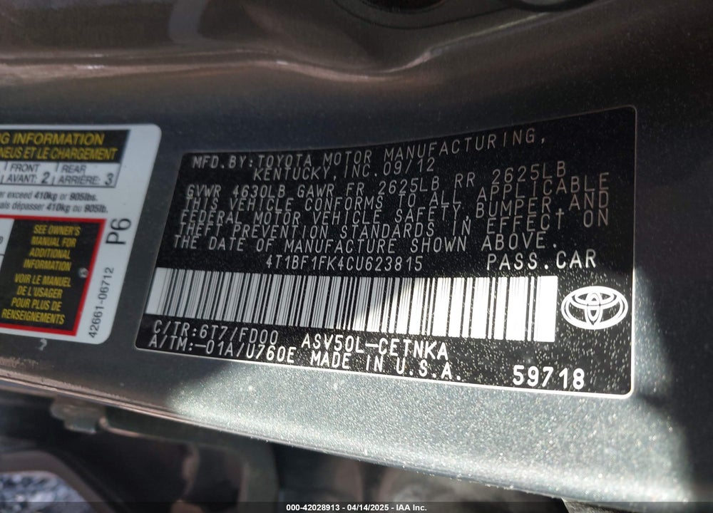 2012 TOYOTA CAMRY VIN: 4T1BF1FK4CU623815