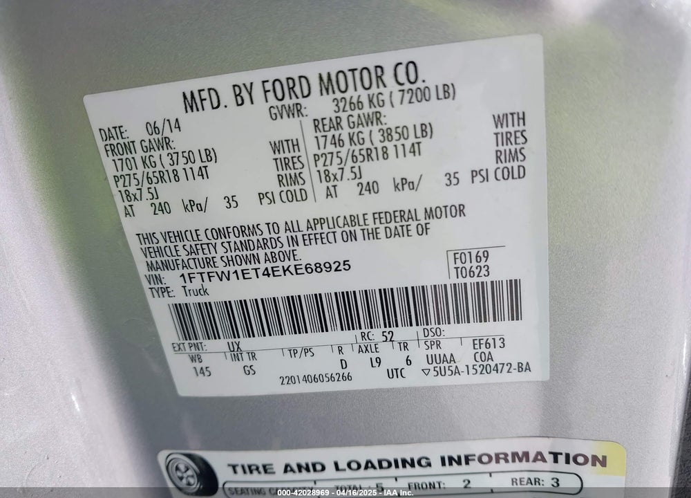 2014 FORD F150 VIN: 1FTFW1ET4EKE68925