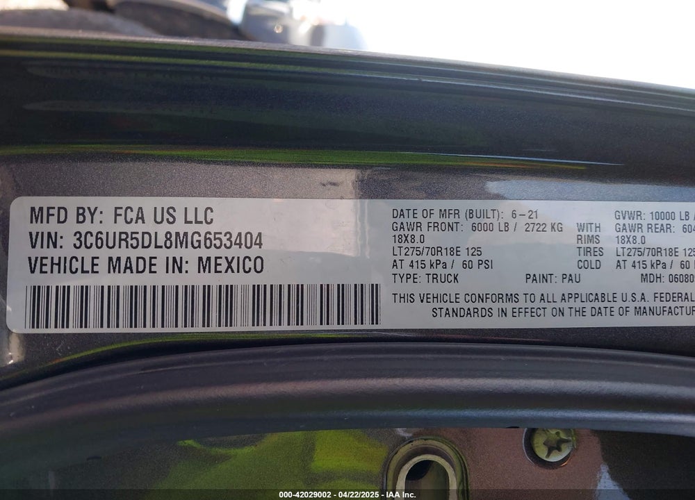 2021 RAM 2500 VIN: 3C6UR5DL8MG653404