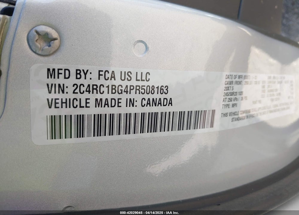 2023 CHRYSLER PACIFICA VIN: 2C4RC1BG4PR508163
