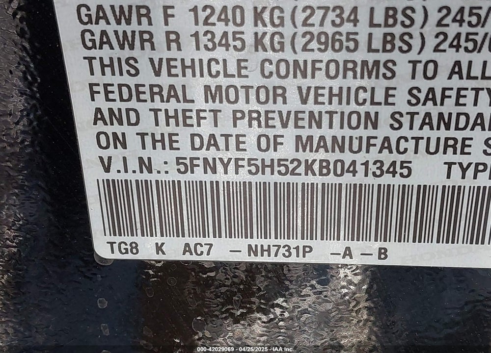 2019 HONDA PILOT EX-L VIN: 5FNYF5H52KB041345