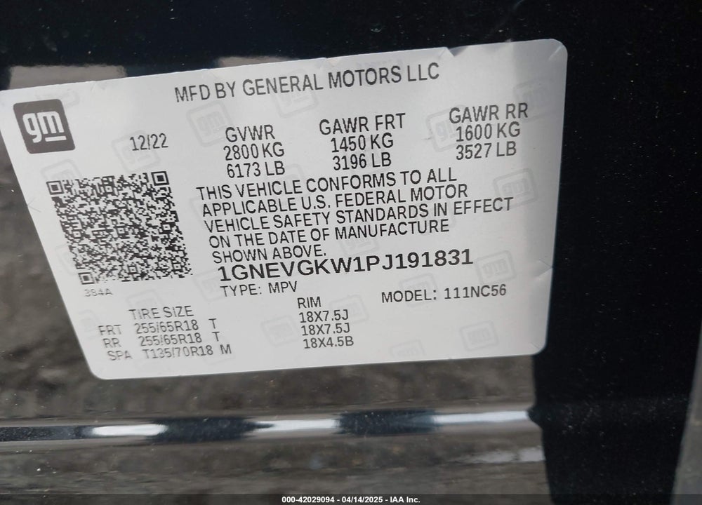 2023 CHEVROLET TRAVERSE AWD LT CLOTH VIN: 1GNEVGKW1PJ191831