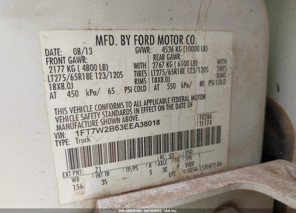 2014 FORD F-250 VIN: 1FT7W2B63EEA38018