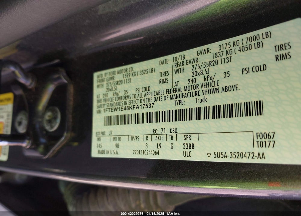 2019 FORD F-150 PLATINUM VIN: 1FTEW1E48KFA17537