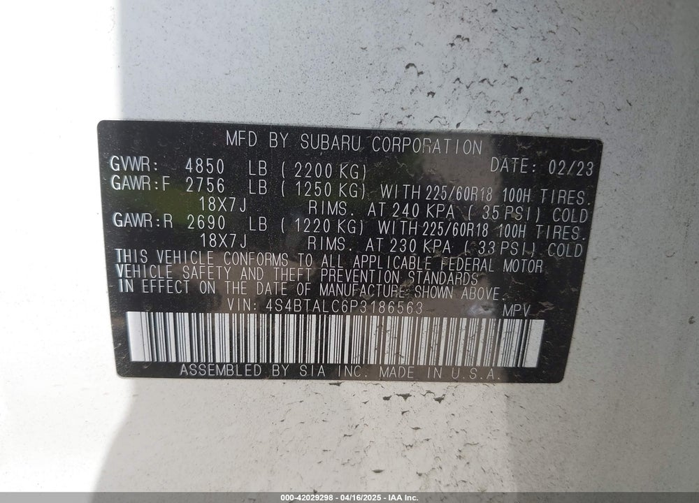 2023 SUBARU OUTBACK VIN: 4S4BTALC6P3186563