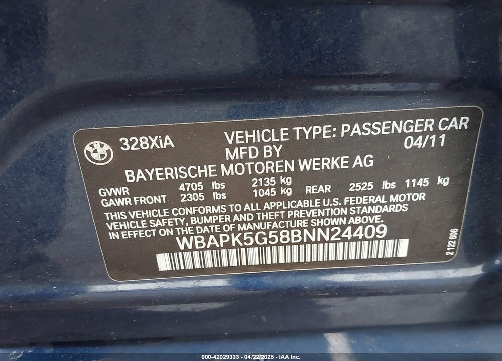 2011 BMW 3 SERIES VIN: WBAPK5G58BNN24409