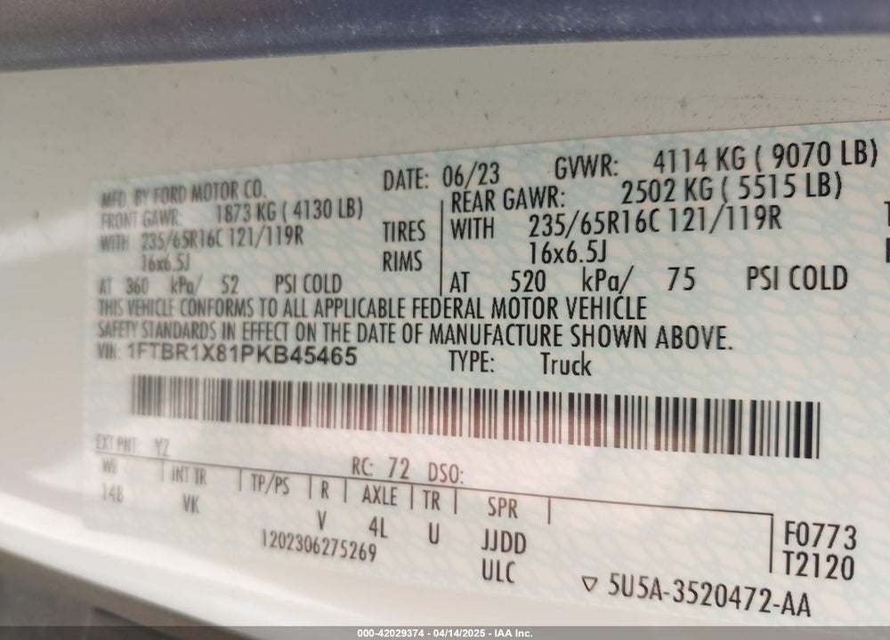 2023 FORD TRANSIT-250 VIN: 1FTBR1X81PKB45465
