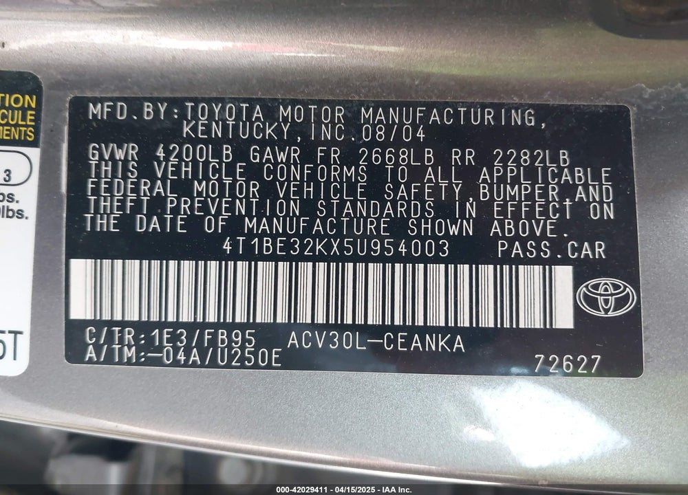 2005 TOYOTA CAMRY VIN: 4T1BE32KX5U954003