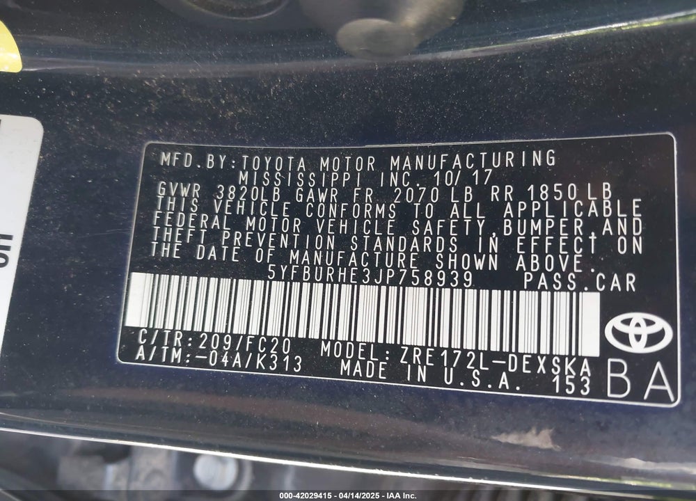 2018 TOYOTA COROLLA VIN: 5YFBURHE3JP758939