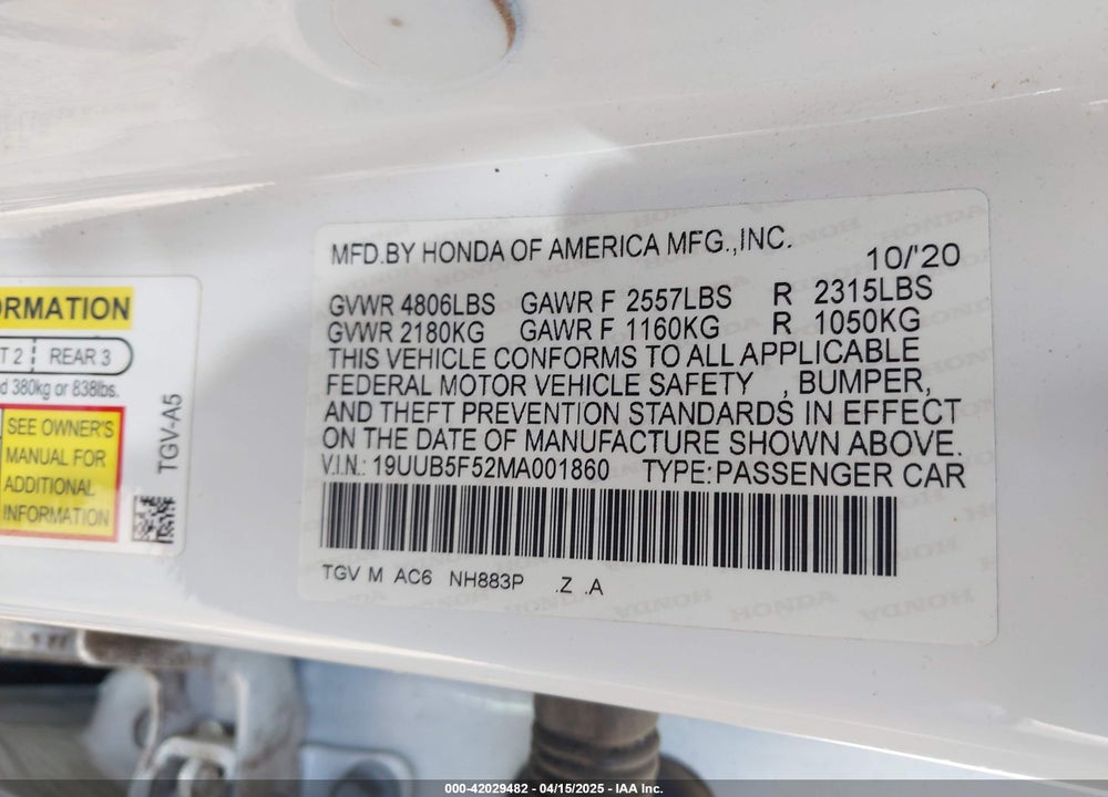 2021 ACURA TLX VIN: 19UUB5F52MA001860