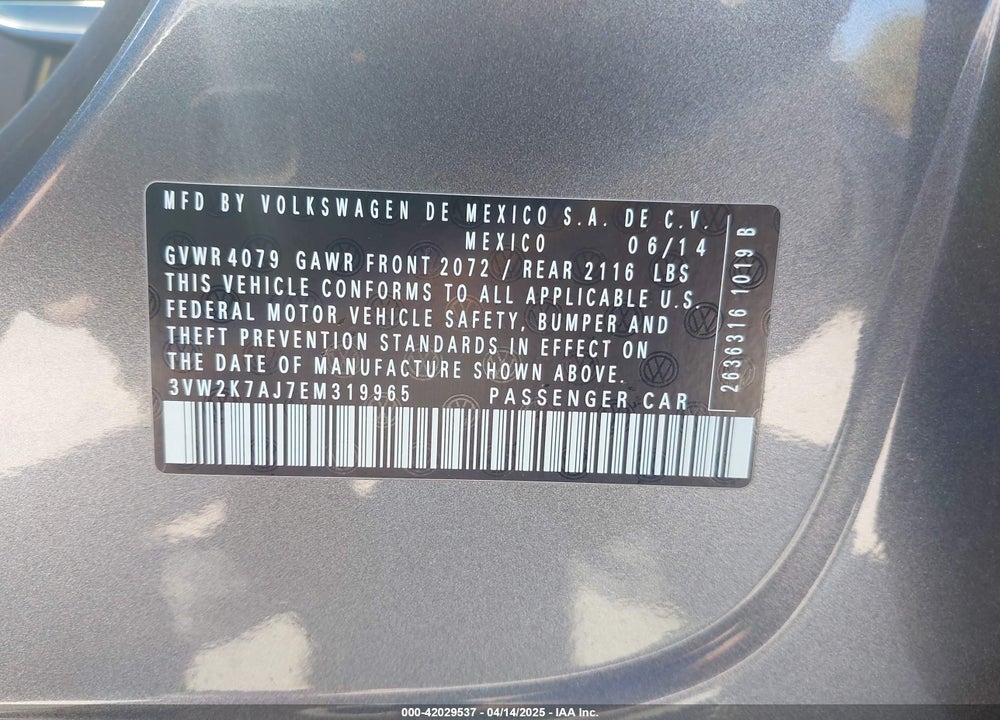 2014 VOLKSWAGON UNKNOWN VIN: 3VW2K7AJ7EM319965