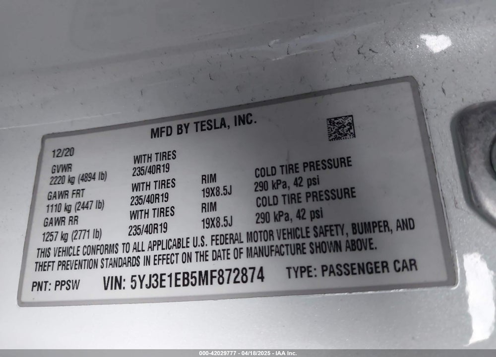 2021 TESLA MODEL 3 LONG RANGE DUAL MOTOR ALL-WHEEL DRIVE VIN: 5YJ3E1EB5MF872874
