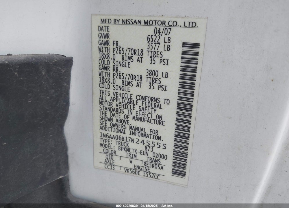 2007 NISSAN TITAN VIN: 1N6AA06B17N245555