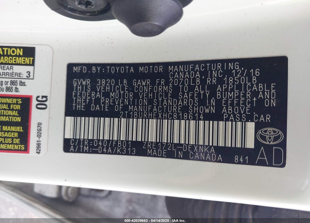 2017 TOYOTA COROLLA VIN: 2T1BURHEXHC818614