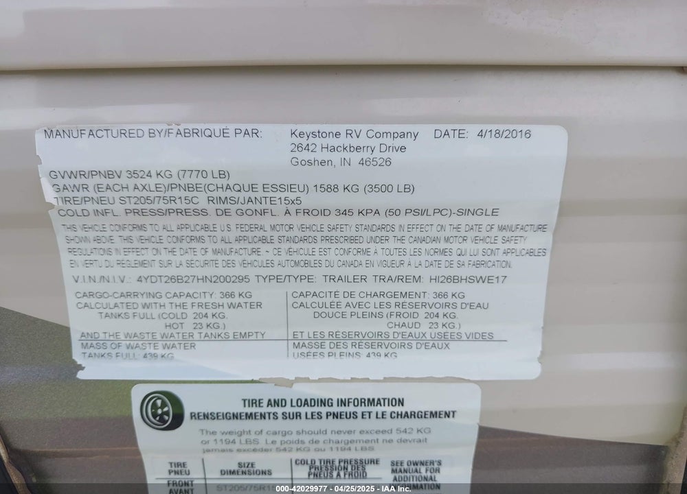 2017 KEYSTONE TRAVEL TRAILER VIN: 4YDT26B27HN200295
