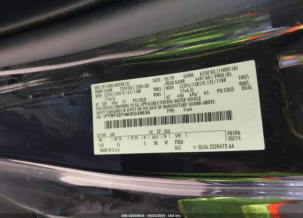 2019 FORD F-350 XL VIN: 1FTRF3DT4KEG39936
