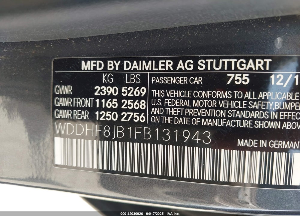 2015 MERCEDES-BENZ E 350 VIN: WDDHF8JB1FB131943