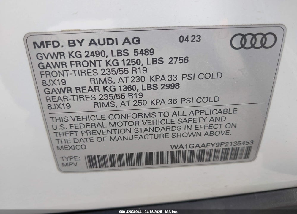 2023 AUDI Q5 VIN: WA1GAAFY9P2135453