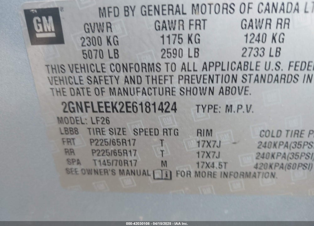 2014 CHEVROLET EQUINOX VIN: 2GNFLEEK2E6181424