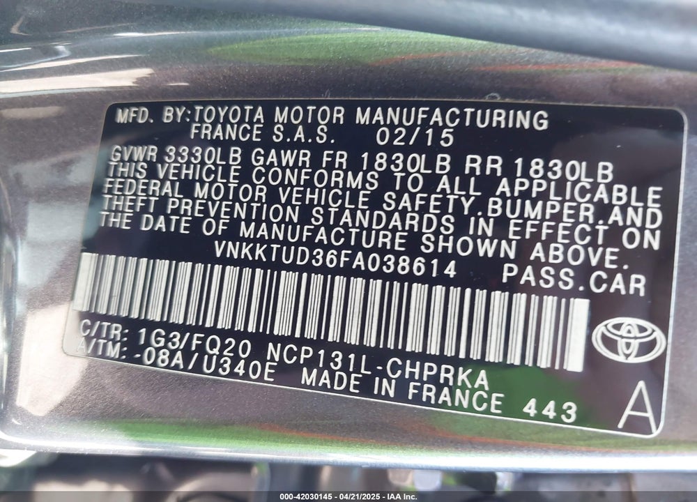 2015 TOYOTA YARIS VIN: VNKKTUD36FA038614
