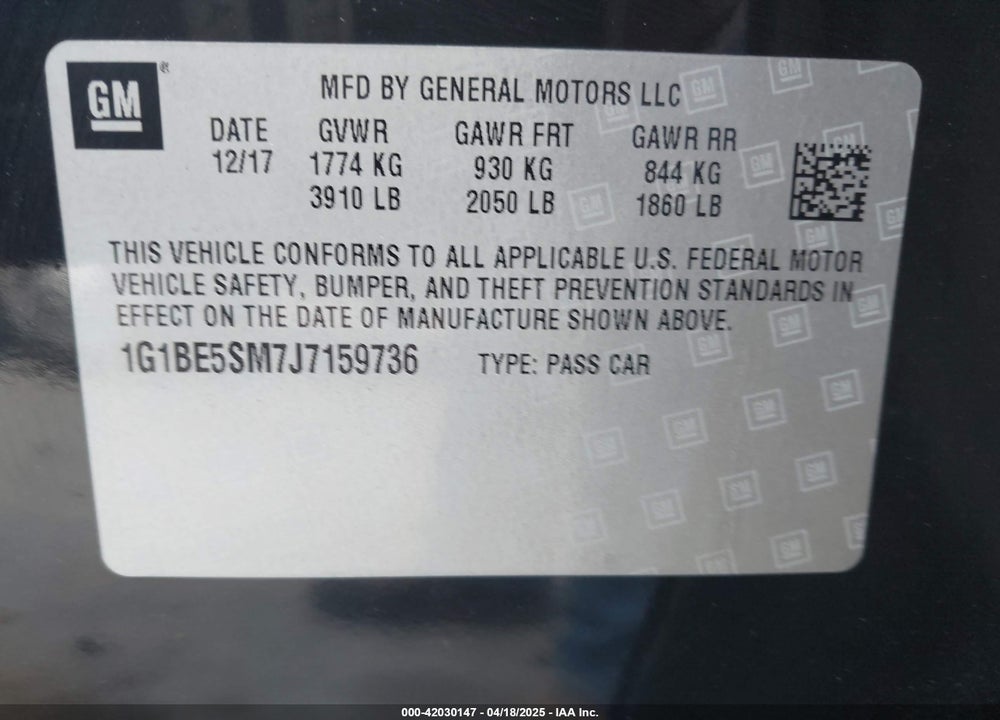 2018 CHEVROLET CRUZE VIN: 1G1BE5SM7J7159736
