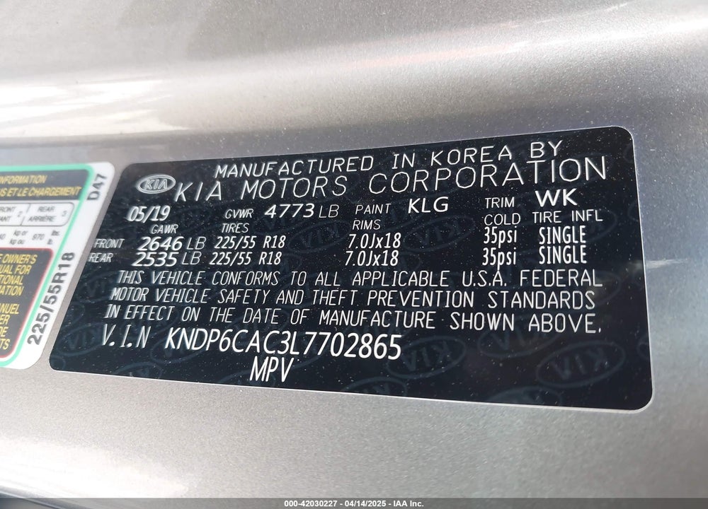 2020 KIA SPORTAGE VIN: KNDP6CAC3L7702865