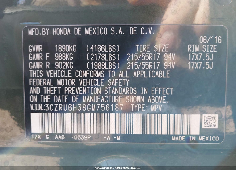 2016 HONDA HR-V LX VIN: 3CZRU6H38GM756187