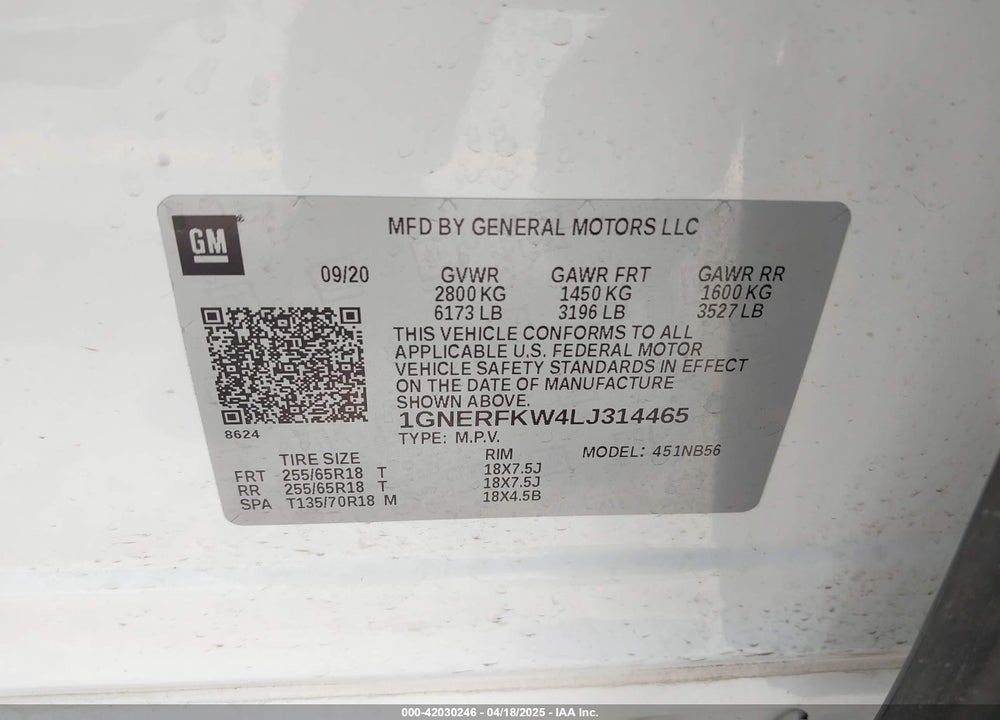 2020 CHEVROLET TRAVERSE FWD LS VIN: 1GNERFKW4LJ314465