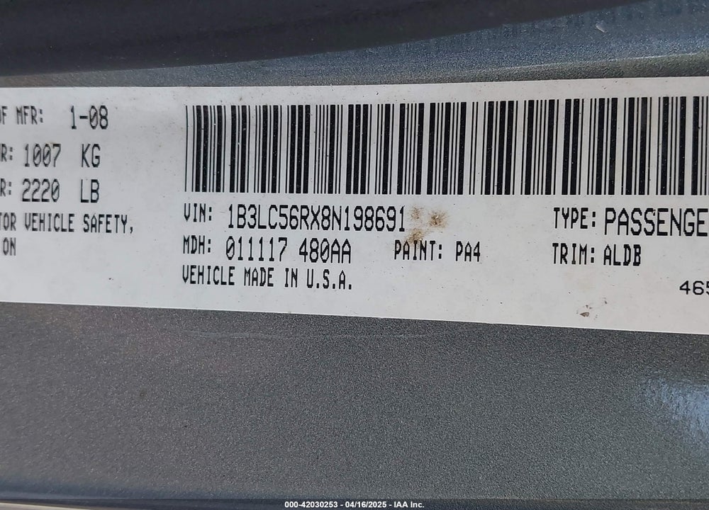 2008 DODGE AVENGER SXT VIN: 1B3LC56RX8N198691