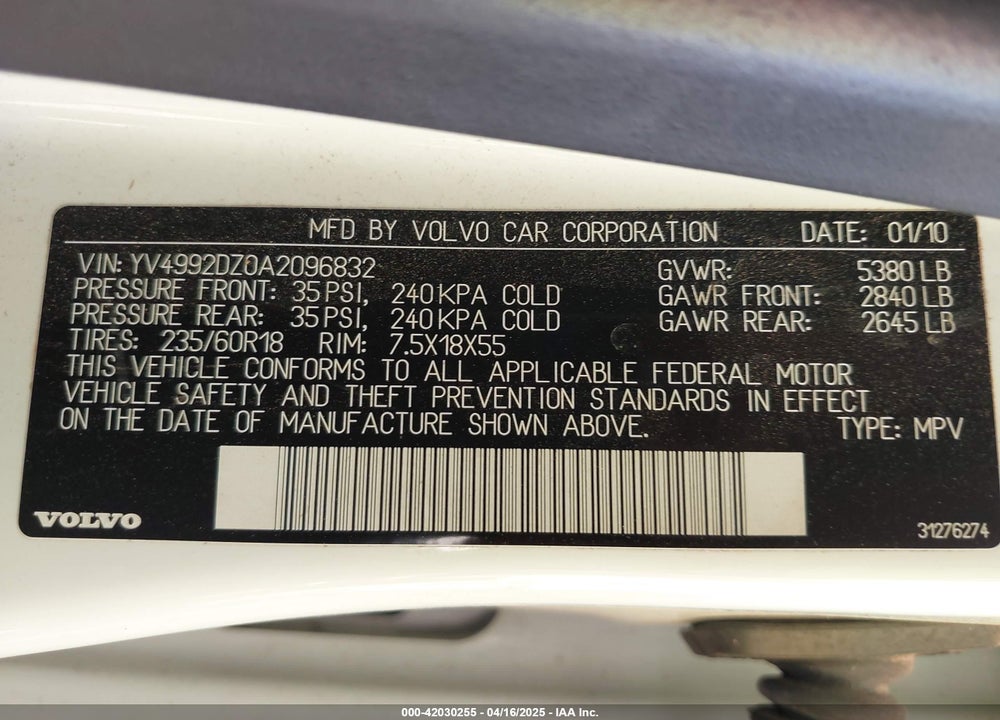2010 VOLVO XC60 VIN: YV4992DZ0A2096832