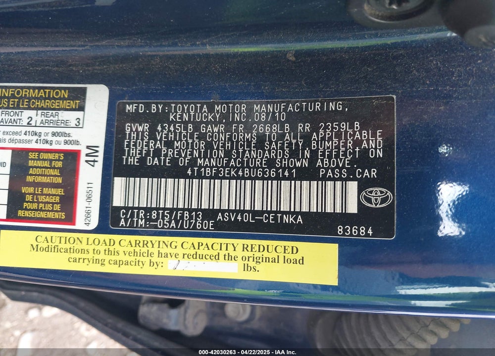 2011 TOYOTA CAMRY LE VIN: 4T1BF3EK4BU636141