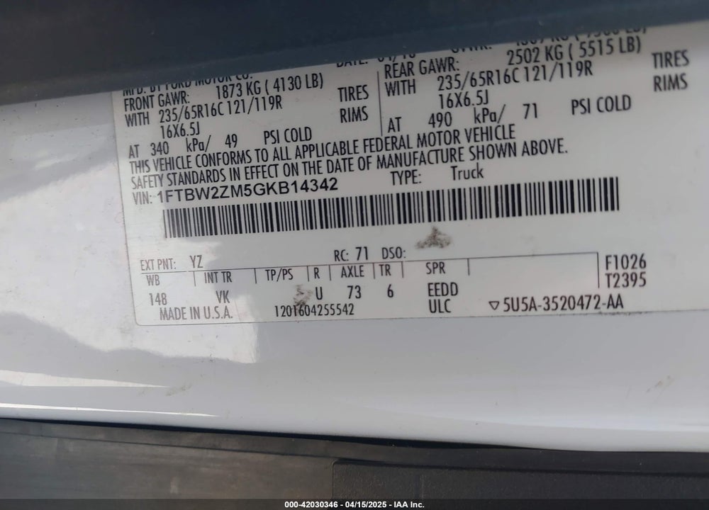 2016 FORD TRANSIT-350 VIN: 1FTBW2ZM5GKB14342