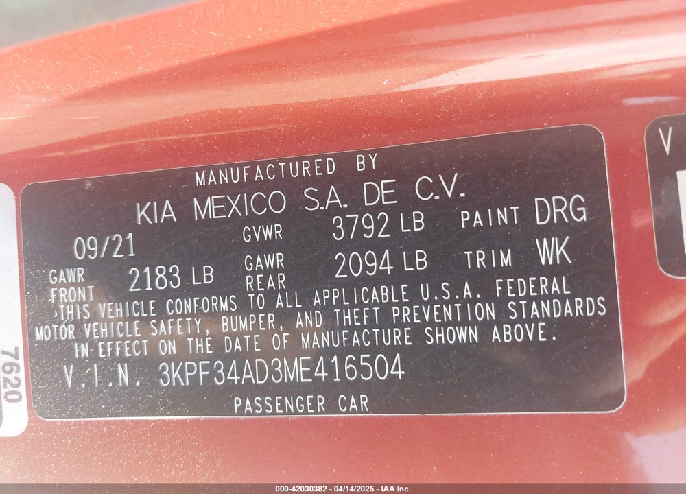 2021 KIA FORTE GT LINE VIN: 3KPF34AD3ME416504