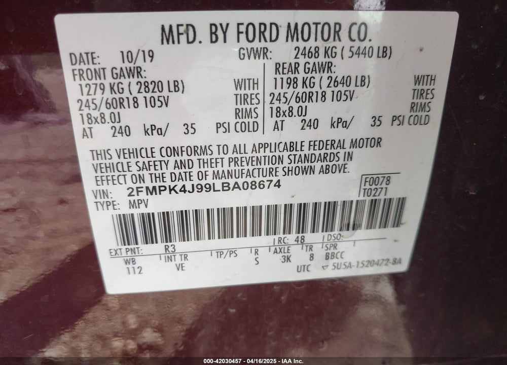 2020 FORD EDGE SEL VIN: 2FMPK4J99LBA08674