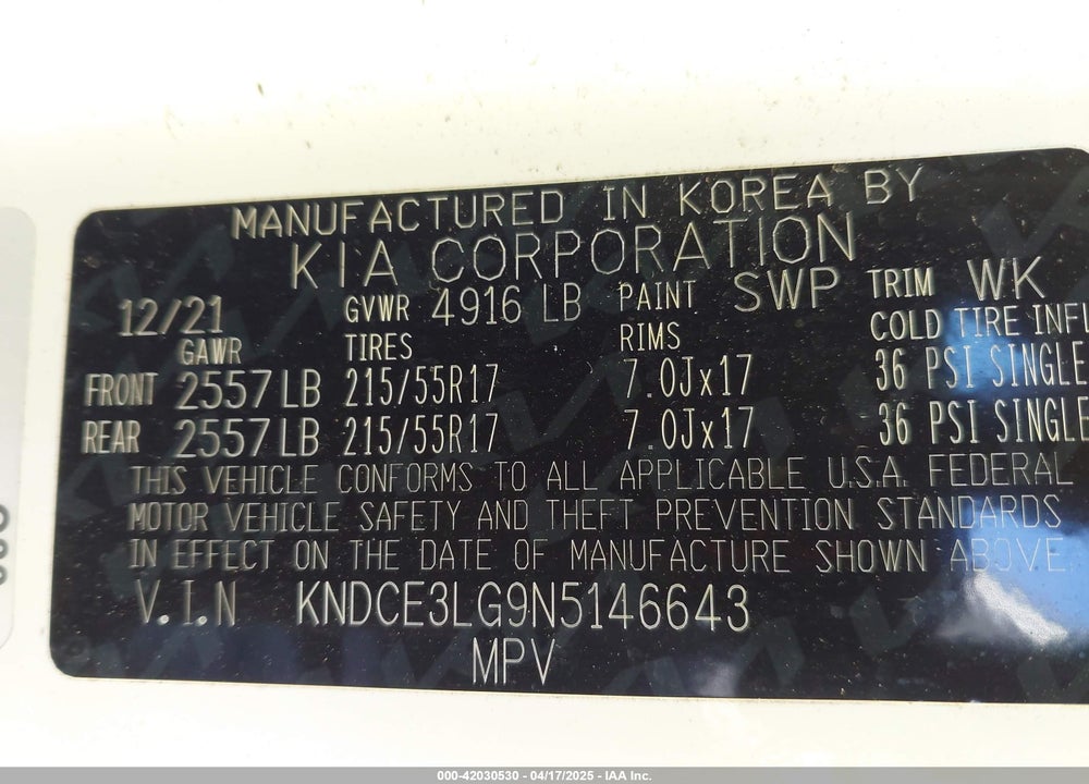 2022 KIA NIRO EV VIN: KNDCE3LG9N5146643