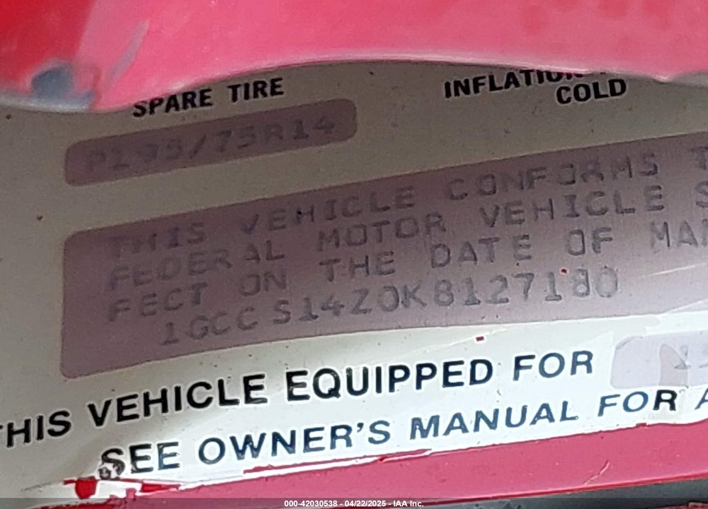 1989 CHEVROLET S TRUCK S10 VIN: 1GCCS14Z0K8127180