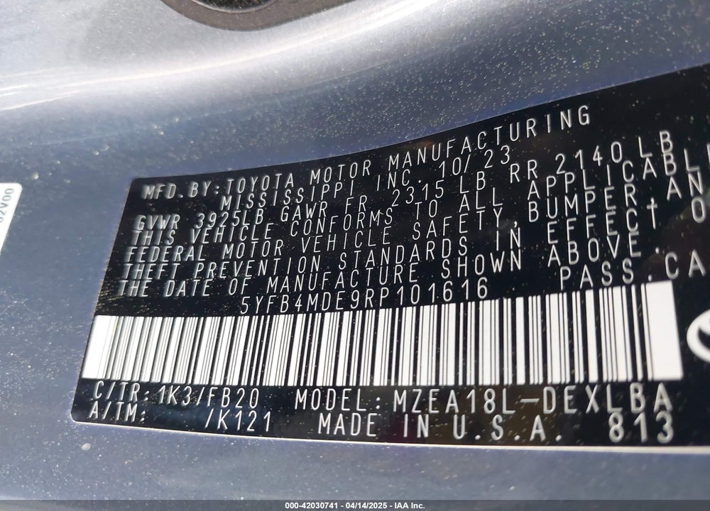 2024 TOYOTA COROLLA VIN: 5YFB4MDE9RP101616