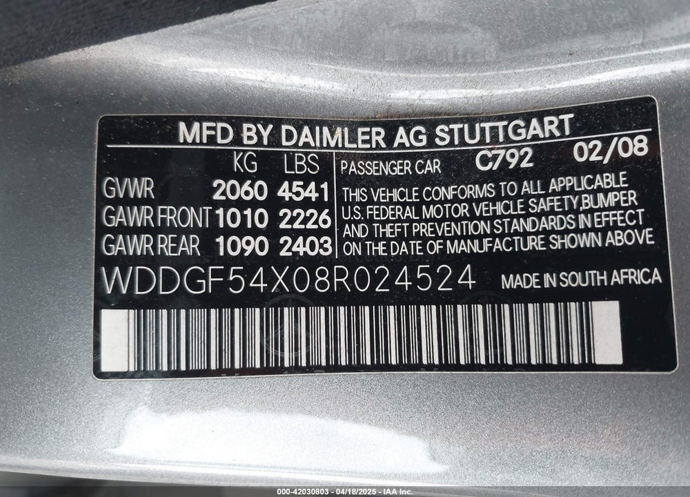 2008 MERCEDES-BENZ C CLASS VIN: WDDGF54X08R024524